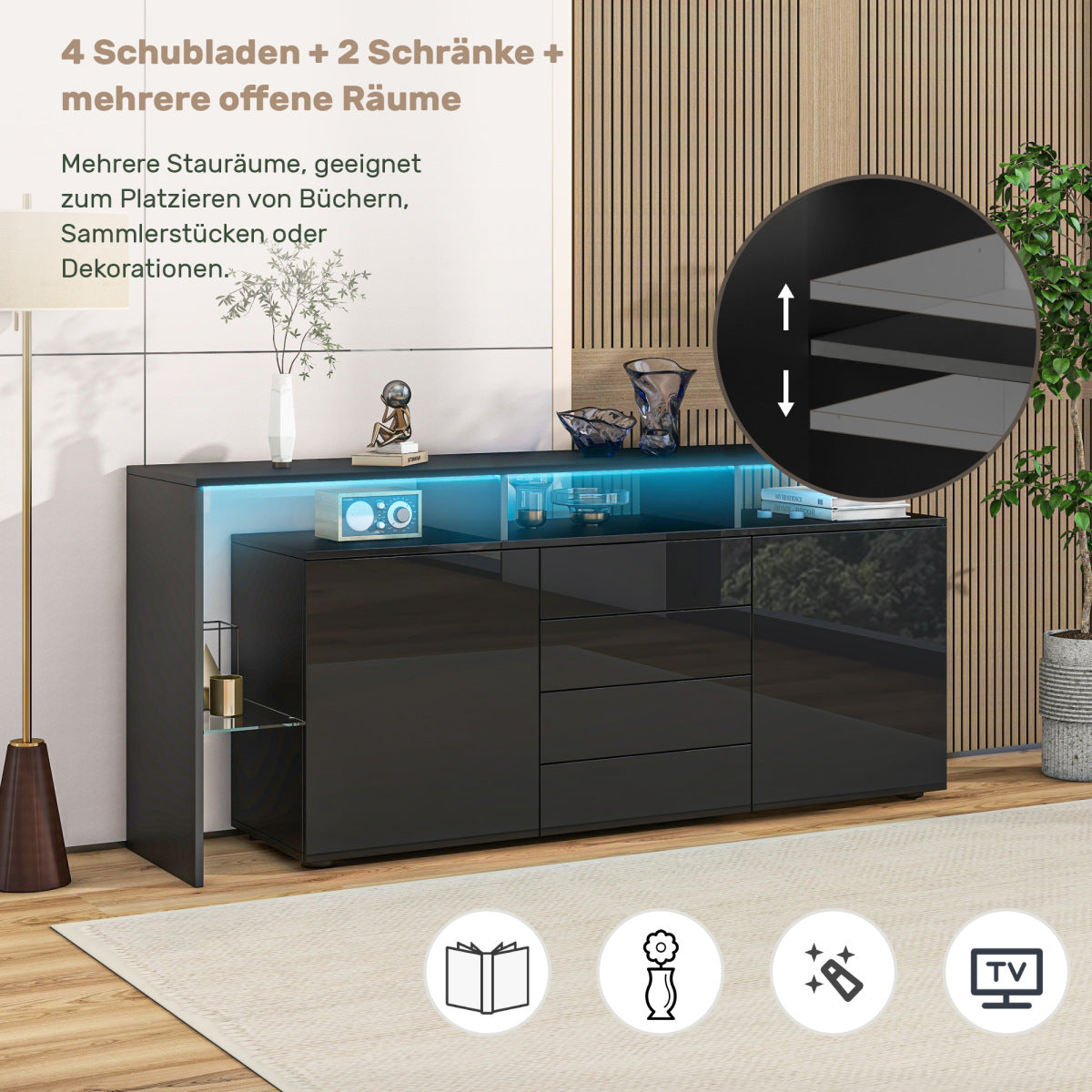 same N625P283229230W Kommode, Sideboard mit LED, Wohnzimmermöbel in Schwarz Hochglanz, Wohnzimmerschrank, Standschrank, TV-Schrank, Wohnzimmerwand, Highboard, Mehrzweckschrank, Buffetschrank Esszimmer