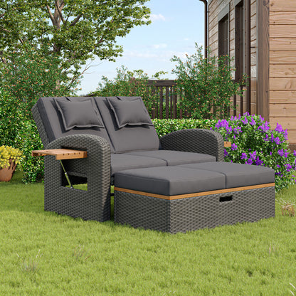 Garten-Lounge-Sessel-Set für 2 Personen, graues Rattan, verstellbare Rückenlehne, Stützfuß, mit Fußhocker oder als Outdoor-Bett nutzbar, mit Rückenkissen und Sitzkissen (previous sku:HW24020AAA)