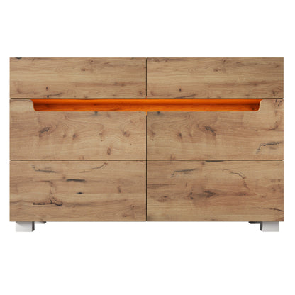 Kommode, Sideboard Holz mit 6 Schubladen, LED Beleuchtung (App Control), Mehrzweckschrank für Wohnzimmer und Schlafzimmer, 71 x 120 x 40 cm, Eiche
