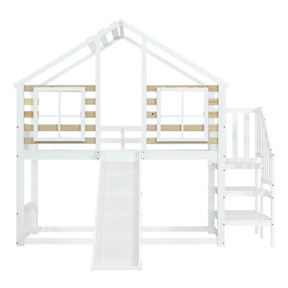 Etagenbett, Holzbett mit Treppe und Gitter, mit Rutsche und Fenster, Blockhaus Kinderbett mit Absturzsicherung, Bettrahmen aus Massivholz, Weiß(90x200 cm)
