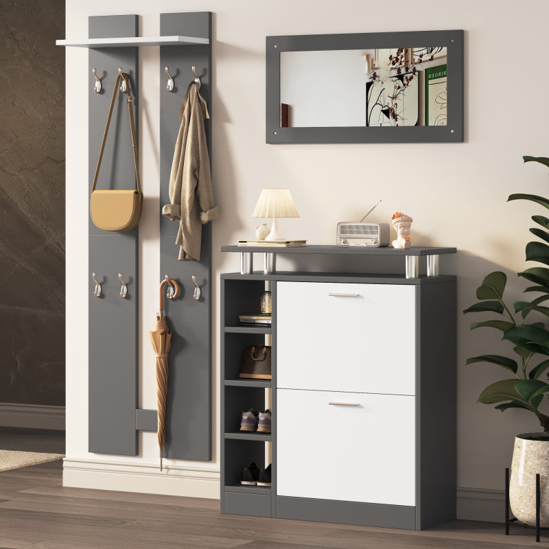 Wandgarderoben-Set 80 x 25 x 96.5 cm, inkl. Spiegel, 2 Wandpaneelen, einer Regalwand und einem Schuhschrank, Korpus anthrazitgrau matt, Flurmöbel, Flurtrockenständer, Flurgarderobe, Schuhwechsler-Set,