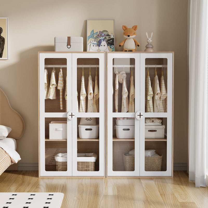 Kinder Kleiderschrank, zweitüriger Glastür-Schrank mit Kleiderstange und verschiebbaren Regalen, Keks-Form-Holzgriffen, weiß+natürliches Holz