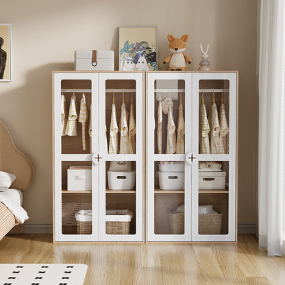 Kinder Kleiderschrank, zweitüriger Glastür-Schrank mit Kleiderstange und verschiebbaren Regalen, Keks-Form-Holzgriffen, weiß+natürliches Holz