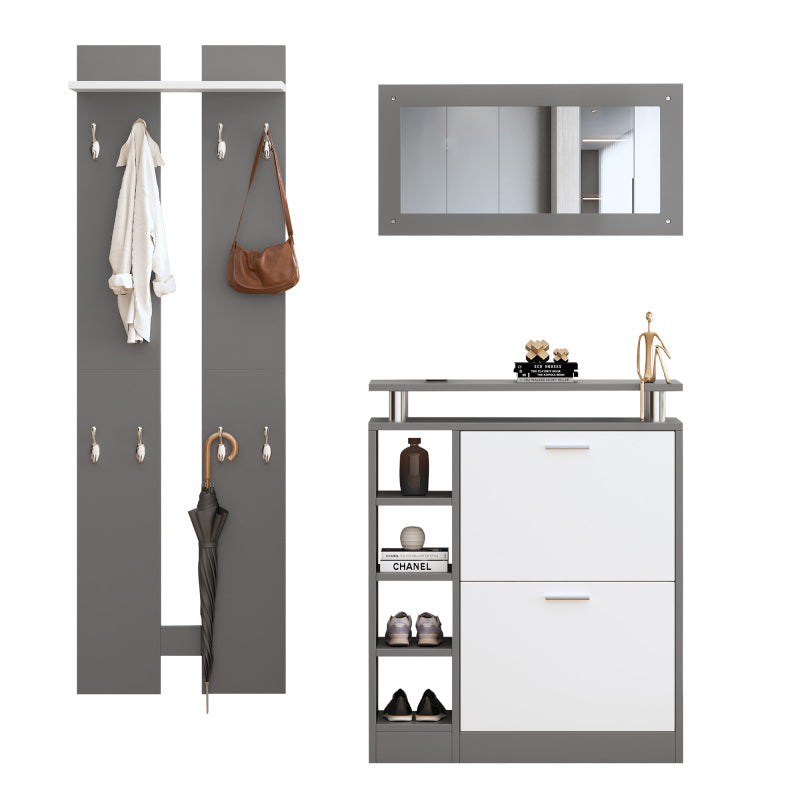 Wandgarderoben-Set 80 x 25 x 96.5 cm, inkl. Spiegel, 2 Wandpaneelen, einer Regalwand und einem Schuhschrank, Korpus anthrazitgrau matt, Flurmöbel, Flurtrockenständer, Flurgarderobe, Schuhwechsler-Set,