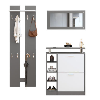 Wandgarderoben-Set 80 x 25 x 96.5 cm, inkl. Spiegel, 2 Wandpaneelen, einer Regalwand und einem Schuhschrank, Korpus anthrazitgrau matt, Flurmöbel, Flurtrockenständer, Flurgarderobe, Schuhwechsler-Set,