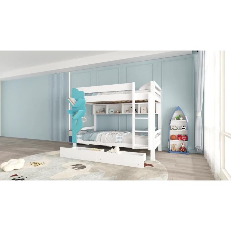 Etagenbett, Kreatives Kinderbett, Bücherregal in Baumform, Offenes Regal, Zwei Schubladen mit Rollen, Mit Fallschutzgitter, Reichlich Stauraum, Kiefer+MDF, Weiß+Blau, 90x200cm