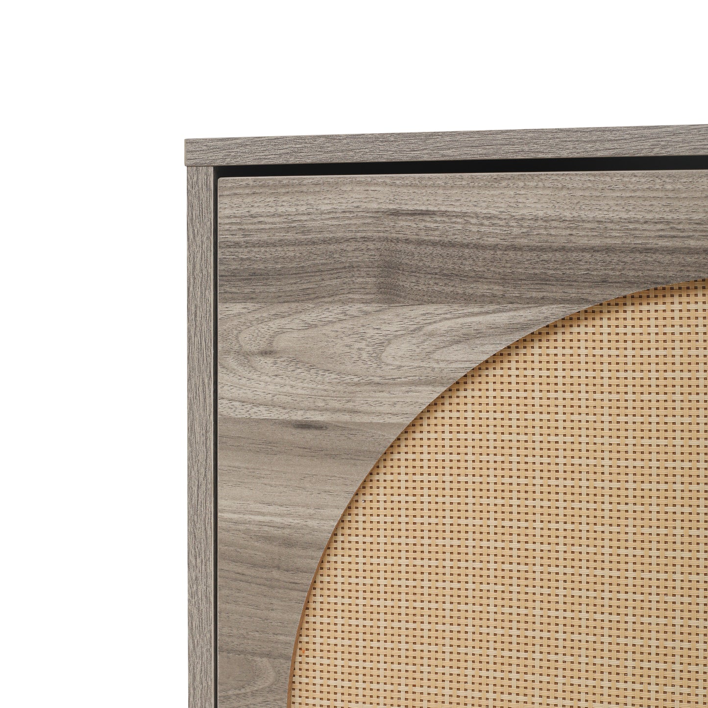 Schuhschrank mit zwei Türen, austauschbaren halbrunden Türfronten und Rattan-Oberfläche, geeignet für den Eingangsbereich und andere Szenen, Retro-grauer