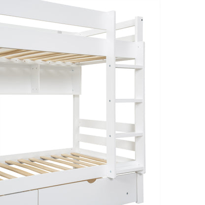 Etagenbett, Kreatives Kinderbett, Bücherregal in Baumform, Offenes Regal, Zwei Schubladen mit Rollen, Mit Fallschutzgitter, Reichlich Stauraum, Kiefer+MDF, Weiß+Blau, 90x200cm