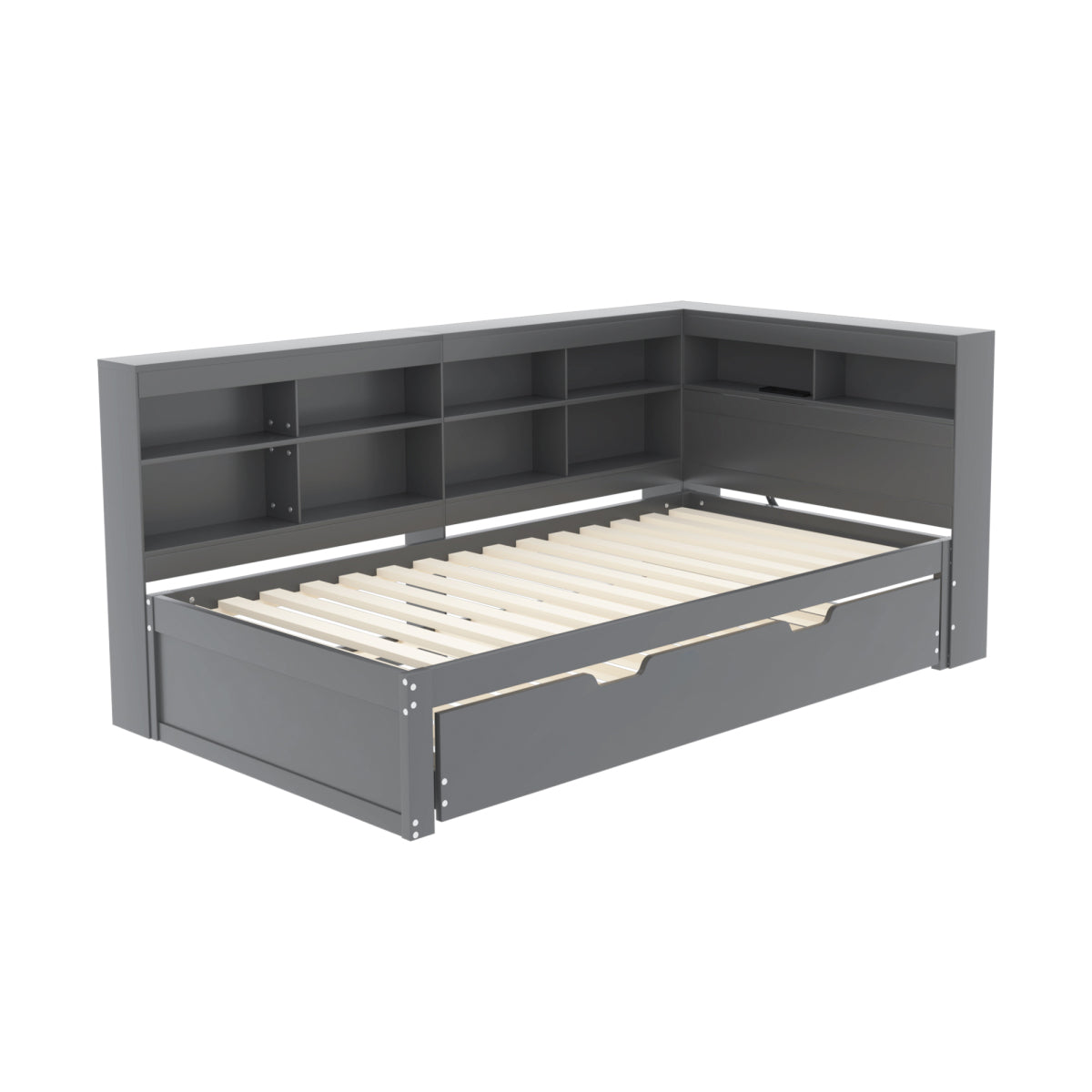 Multifunktions-Schlafsofa 90x200 & 90x190 Ausziehbar - Massivholz Grau mit USB-Anschluss, Stauraum & Ablagefächern - Praktisches Einzelbett, Grau