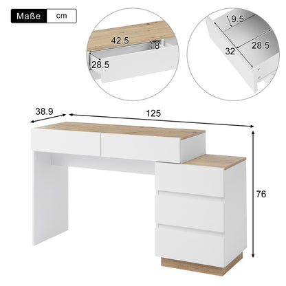 Schreibtisch mit 5 Schubladen,Frisiertisch, Funktion von Aufbewahrung, für Schlafzimmer , E1-Spanplatte, weiß+oak