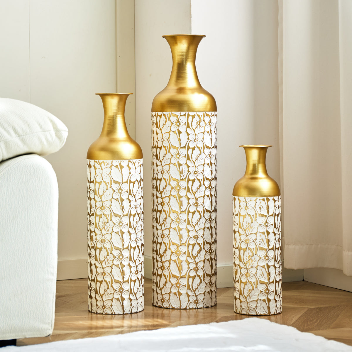 3er Set Bodenvase Metall, Weiß-Gold, Retro Stil, 83/65/50 cm hoch