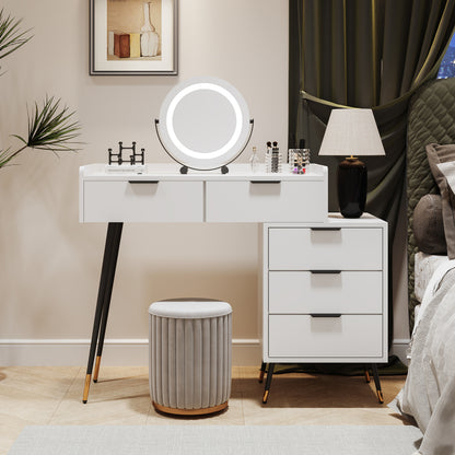 Weißer Schminktisch(Ohne Stühle), Enthält ausziehbare Seitenschränke, mit Spiegel einstellbare Helligkeit, mit 5 Schubladen, Großer Frisierkommode Schlafzimmermöbel Vanity, Weiß