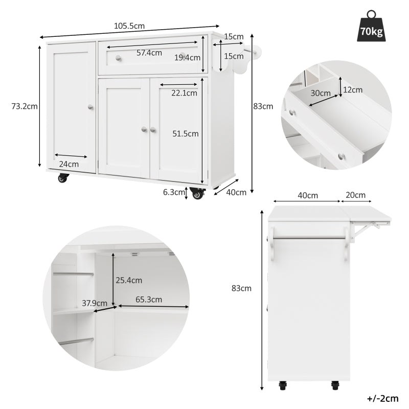 Küchenwagen, herausnehmbarer Speisewagen mit klappbarer Tischplatte, Schranktür mit Snack-Regal, verstellbare Trennwände, 1 Schublade, 4 Räder (2 feststellbar), weiß (105,5*40-60*83cm)