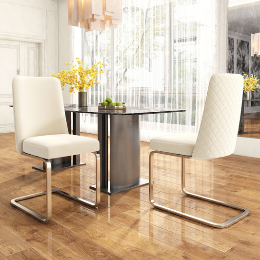 Samt-Esszimmerstuhl, 2er-Set, luxuriös, Wohnzimmer, Schlafzimmer, Lounge-Sessel, Diamant-Rücken-Design, mit silbernen Metall-Stützbeinen, Beige[OLD SKU:WF317941AAB]