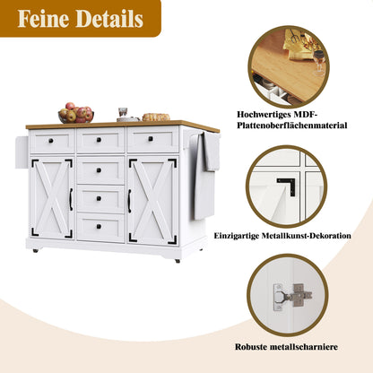 Kücheninsel 147cm klappbar Servierwagen Weiß & Holzoptik, Multifunktionaler Esstisch & Buffetschrank, Mobiler Küchenwagen mit Stauraum