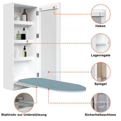 Wand-Bügelschrank mit Spiegel, klappbares Bügelbrett 90° schwenkbar, Bügelstation mit Stauraum & Kleiderhaken