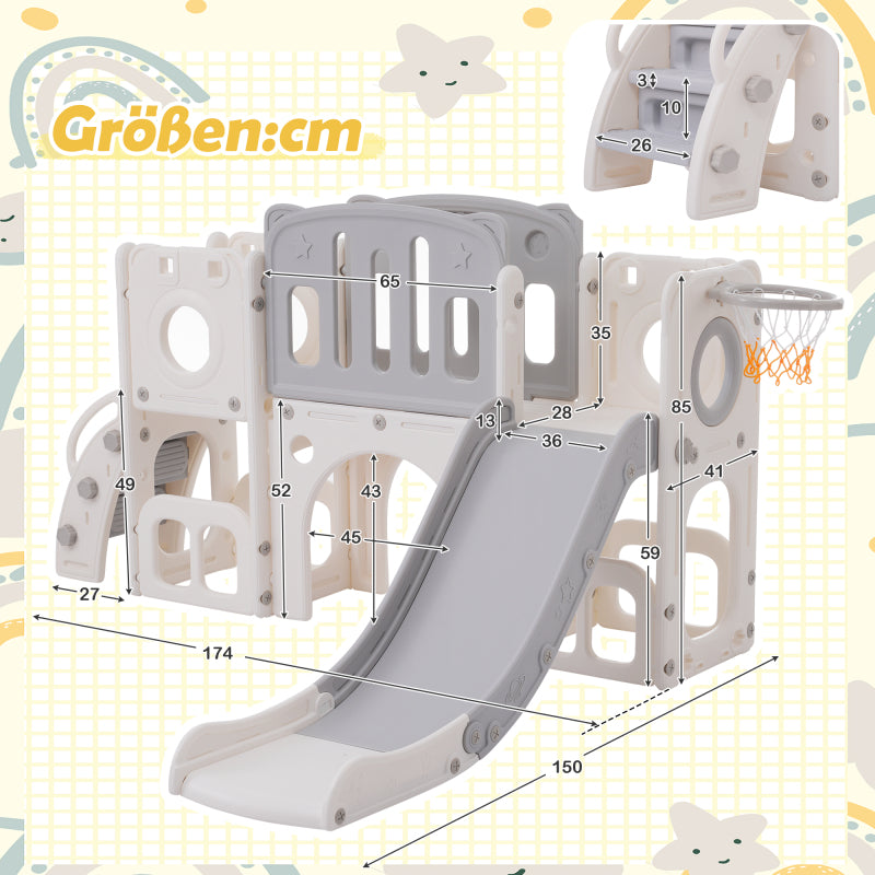Bären Kinder 6-in-1 Rutsche mit einer Rutsche, zwei Plattformen, zwei Bodenschrankfächern, Basketballkorb und Treppe - Hochdichtes Polyethylen (Ozeanbälle nicht enthalten