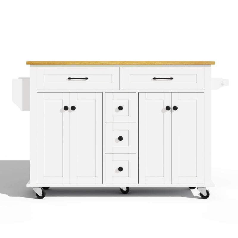 Multifunktionaler Küchenwagen mit ausklappbarer Arbeitsplatte, 120×65 cm erweiterbar, mit 5 Schubladen, Schränken, Gewürz- & Handtuchhalter, auf Rollen – Kücheninsel für Küche, Esszimmer & Wohnzimmer