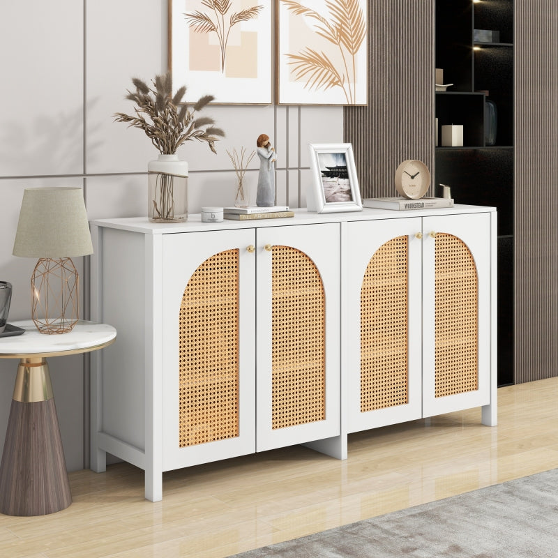 Modernes Sideboard im minimalistischen Stil 4-Rattantür, Metallgriff einfaches Buffetschrank für Esszimmer, Wohnzimmer, Küche (weiß)