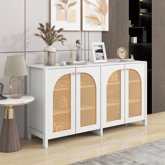 Modernes Sideboard im minimalistischen Stil 4-Rattantür, Metallgriff einfaches Buffetschrank für Esszimmer, Wohnzimmer, Küche (weiß)