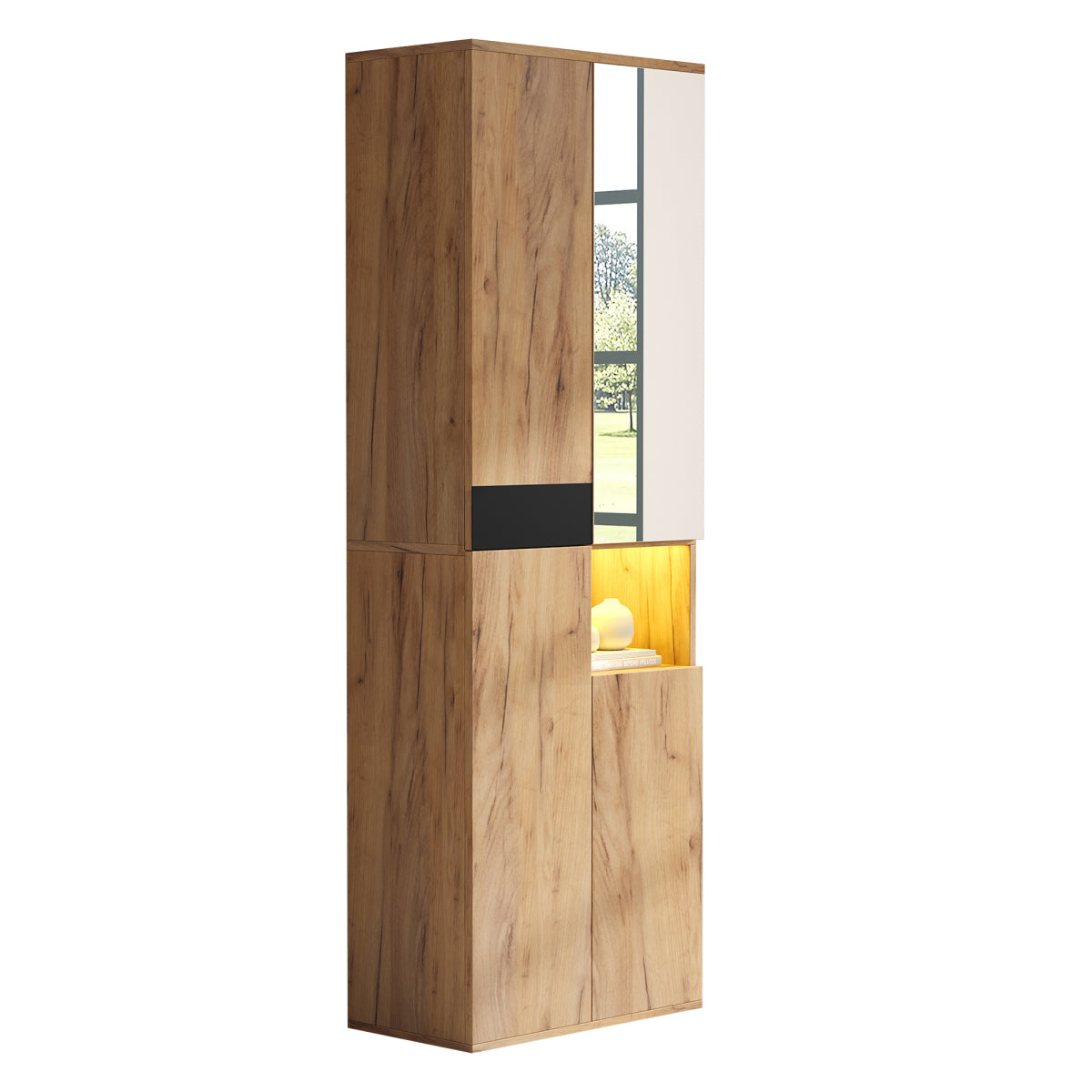 Hochschrank Schwarz/Natur 65x35x190 cm mit Spiegel, 4 Türen & offenem Fach, Mehrzweckschrank mit Stauraum