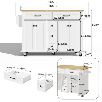 Multifunktionaler Küchenwagen mit ausklappbarer Arbeitsplatte, 120×65 cm erweiterbar, mit 5 Schubladen, Schränken, Gewürz- & Handtuchhalter, auf Rollen – Kücheninsel für Küche, Esszimmer & Wohnzimmer