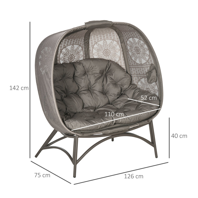 Gartenstuhl 2-Sitzer Papasansessel mit Faltbarem Korb und Kissen, Loungesessel für Balkon und Terrasse, Stahl in Sand, 126 x 75 x 142 cm