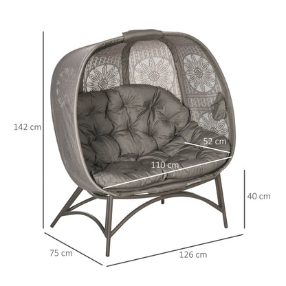 Gartenstuhl 2-Sitzer Papasansessel mit Faltbarem Korb und Kissen, Loungesessel für Balkon und Terrasse, Stahl in Sand, 126 x 75 x 142 cm