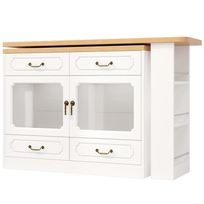 Bartisch ausziehbar 135-203cm, 360° drehbarer Stehtisch mit App-LED-Steuerung & Musik-Modus, Weißer Hochtisch mit 4 Schubladen & Regal