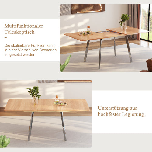 Moderner minimalistischer ausziehbare Esstisch in eleganter Naturfarbe und silber verschromt Beine– 140 cm x 80 cm ausziehar bis 180cm, hochfeste Legierungsstütze, geeignet für 4-6 Personen