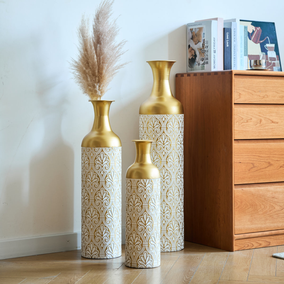 3er Set Bodenvase Gold mit Weißen Punkten, Metall, Vintage, 83/66/50 cm hoch