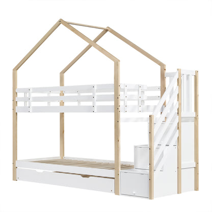Etagenbett, Ausziehbares Baumhausbett, Schiebebett, Treppe mit 3 Schubladen, Kinderbett mit Absturzsicherung und Kinderbettgitter, mit Lattenroste, Natur+Weiß (90x200cm&90x190cm) [30813567NAA]