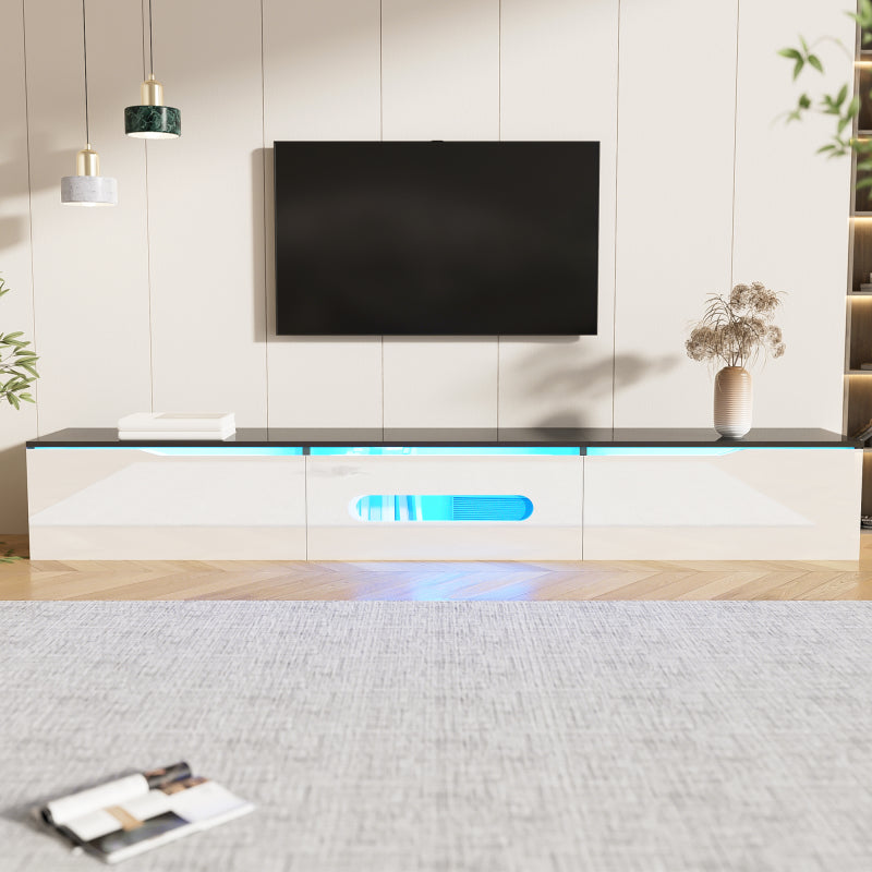 Schwarz-weißer TV-Schrank, 180 cm lang, Hochglanzoberfläche, mit 16-farbiger LED-Beleuchtung, wandmontierbar