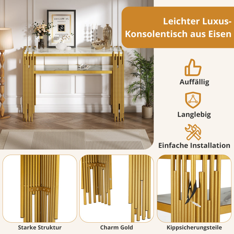 Mid-Century Modern Wohnzimmer Beistelltisch, Konsolentisch, weißer Korpus mit goldenen Beinen, doppellagiges MDF, belastbar bis 40 kg