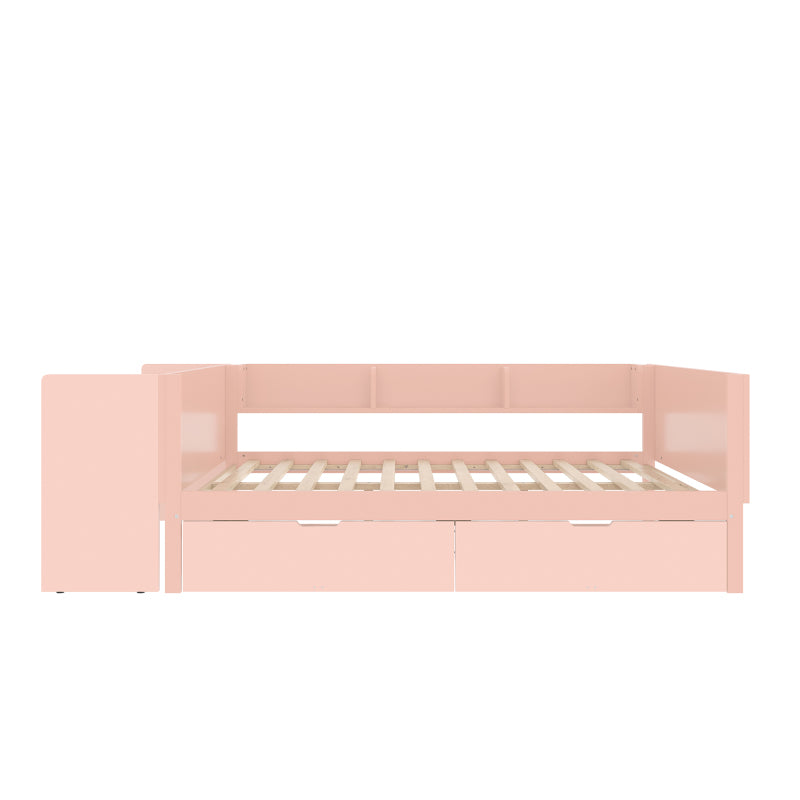 Flachbett, Holzbett, 140x200cm, mit Schreibtisch, ausgestattet mit 2 Schubladen, Doppelbett(Ohne Matratze), mit Regalen, Kiefer + Spanplatte, Rosa