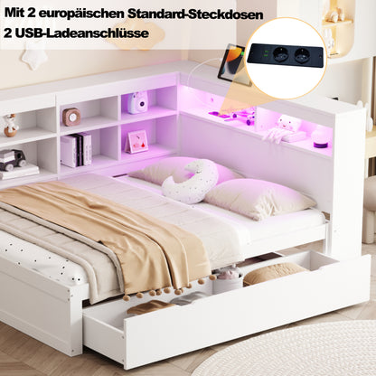 Massivholz-Doppelbett 140x200 Weiß mit LED & USB - Multifunktionales Sofa-Bett mit großen Schubladen, Ablagefächern & viel Stauraum, Weiß