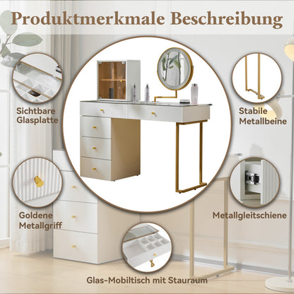 Schminktisch-Set mit LED-beleuchtetem Spiegel, transparenter Tischplatte aus gehärtetem Glas, Schminktisch-Seite und Schrank, elegante Möbel, weiß, Maße: 120 x 45 x 115 cm(ohne Hocker)