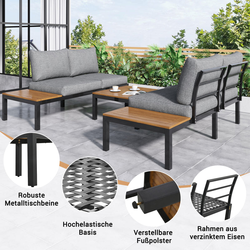 Garten-Lounge-Set (2 Zweisitzer, 2 Beistelltische, 1 Tisch), Tischplatte aus massiver Akazie, Stoffbezug für Rückenlehne, grau(previous sku:HW00005AAE)