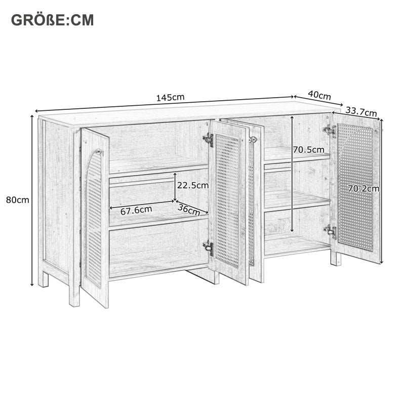 Modernes Sideboard im minimalistischen Stil 4-Rattantür, Metallgriff einfaches Buffetschrank für Esszimmer, Wohnzimmer, Küche (Naturholz)