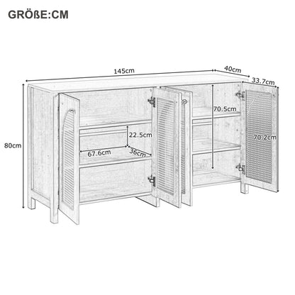 Modernes Sideboard im minimalistischen Stil 4-Rattantür, Metallgriff einfaches Buffetschrank für Esszimmer, Wohnzimmer, Küche (Naturholz)