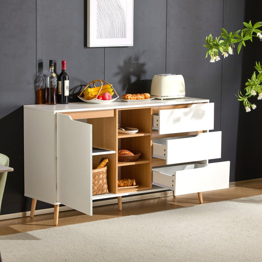 Modernes weißes Sideboard mit Einlegeböden, 3 Schubladen und offenem Stauraum, mit Kippschutz-Design – geeignet für Küche, Esszimmer und Wohnzimmer