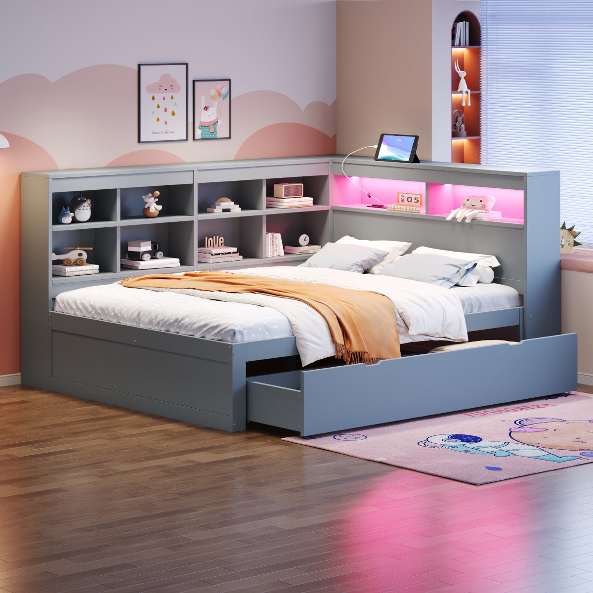 Massivholz-Doppelbett 140x200 Weiß mit LED & USB - Multifunktionales Sofa-Bett mit großen Schubladen, Ablagefächern & viel Stauraum, Grau