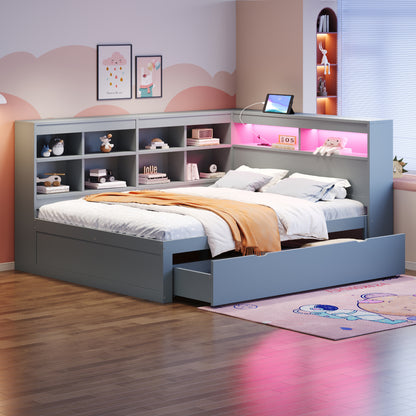 Massivholz-Doppelbett 140x200 Weiß mit LED & USB - Multifunktionales Sofa-Bett mit großen Schubladen, Ablagefächern & viel Stauraum, Grau