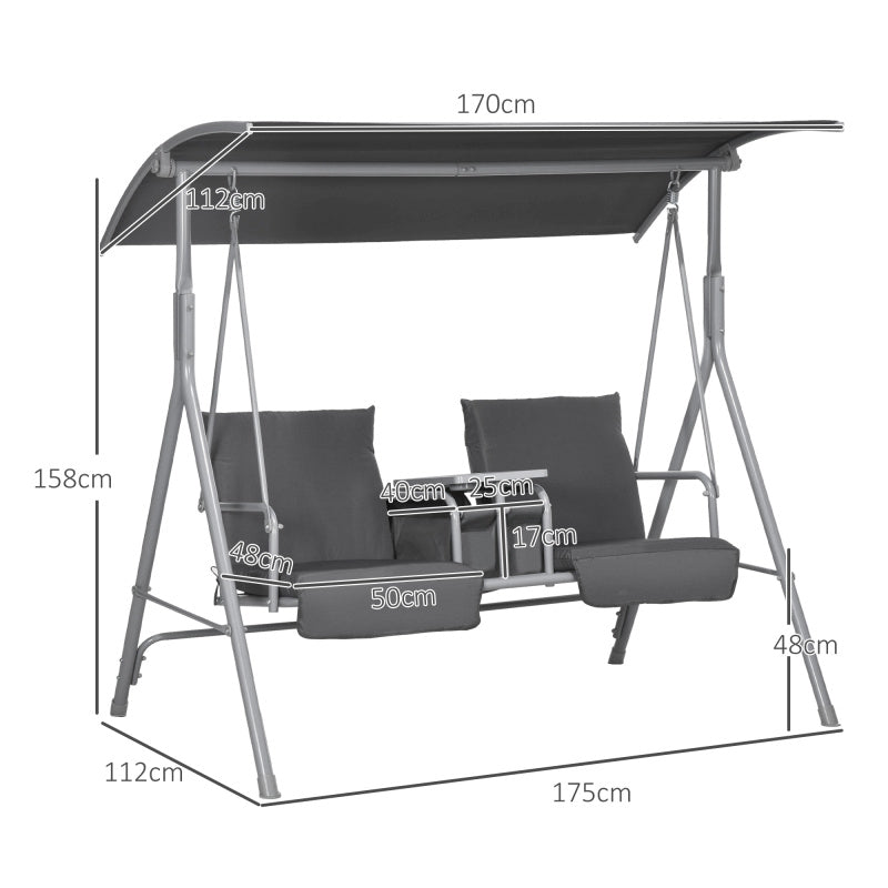 Hollywoodschaukel 2-Sitzer Schaukelbank mit Baldachin, Tasche, Gartenschaukel mit Tablett, bis 180 kg Belastbar, für Garten, Balkon, Schwarz
