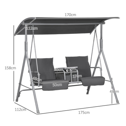 Hollywoodschaukel 2-Sitzer Schaukelbank mit Baldachin, Tasche, Gartenschaukel mit Tablett, bis 180 kg Belastbar, für Garten, Balkon, Schwarz