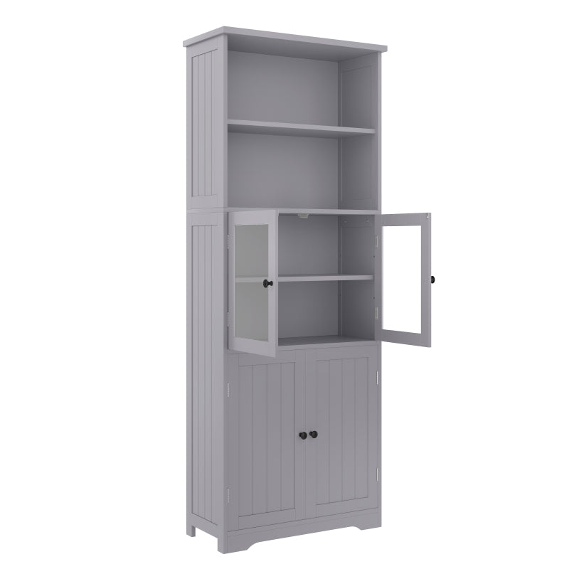 57.5 x 28.5 x 160cm Badezimmer-Hochschrank mit Stauraum, feuchtigkeitsbeständige Farbe, Glasschranktür, Holzschranktür, zwei offene Ablagefächer, verstellbare Trennwände, einfache Textur, Grau