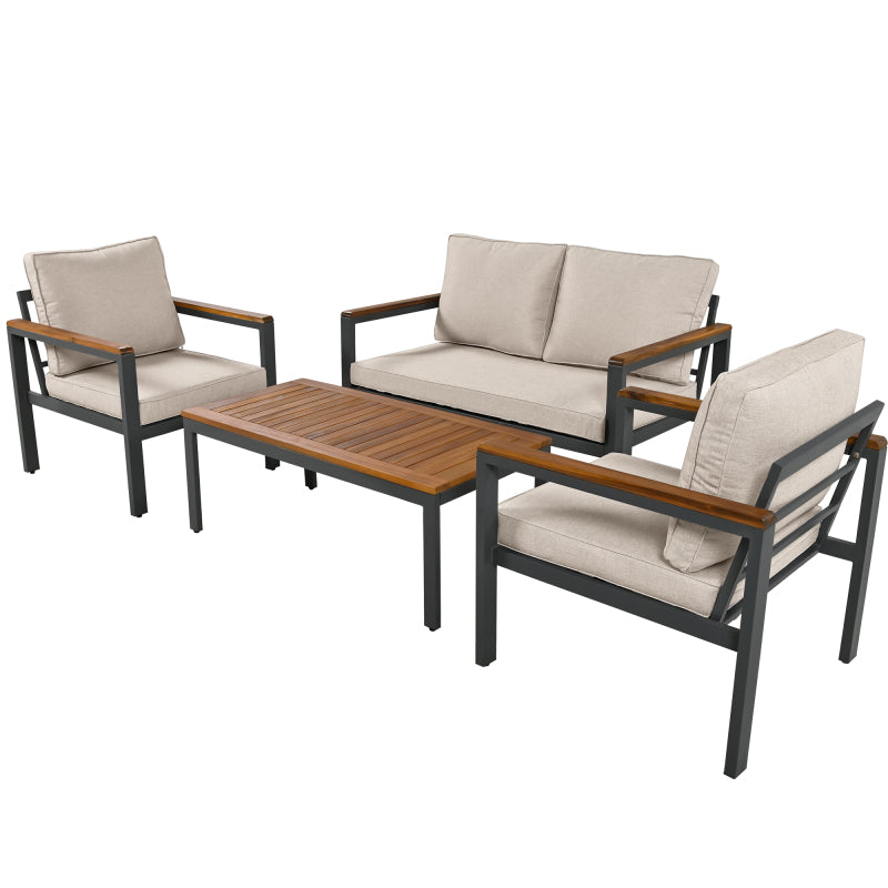 Loungeset, Gartenmöbel-Set mit Rahmen aus verzinktem Stahl, (breites Set, 4-teiliges Esstisch-Set, 1x 2-Sitzer-Sofa, 2x Einzelstühle, 1x Tisch), Akazienholz Tischplatte und Armlehnen,Beige