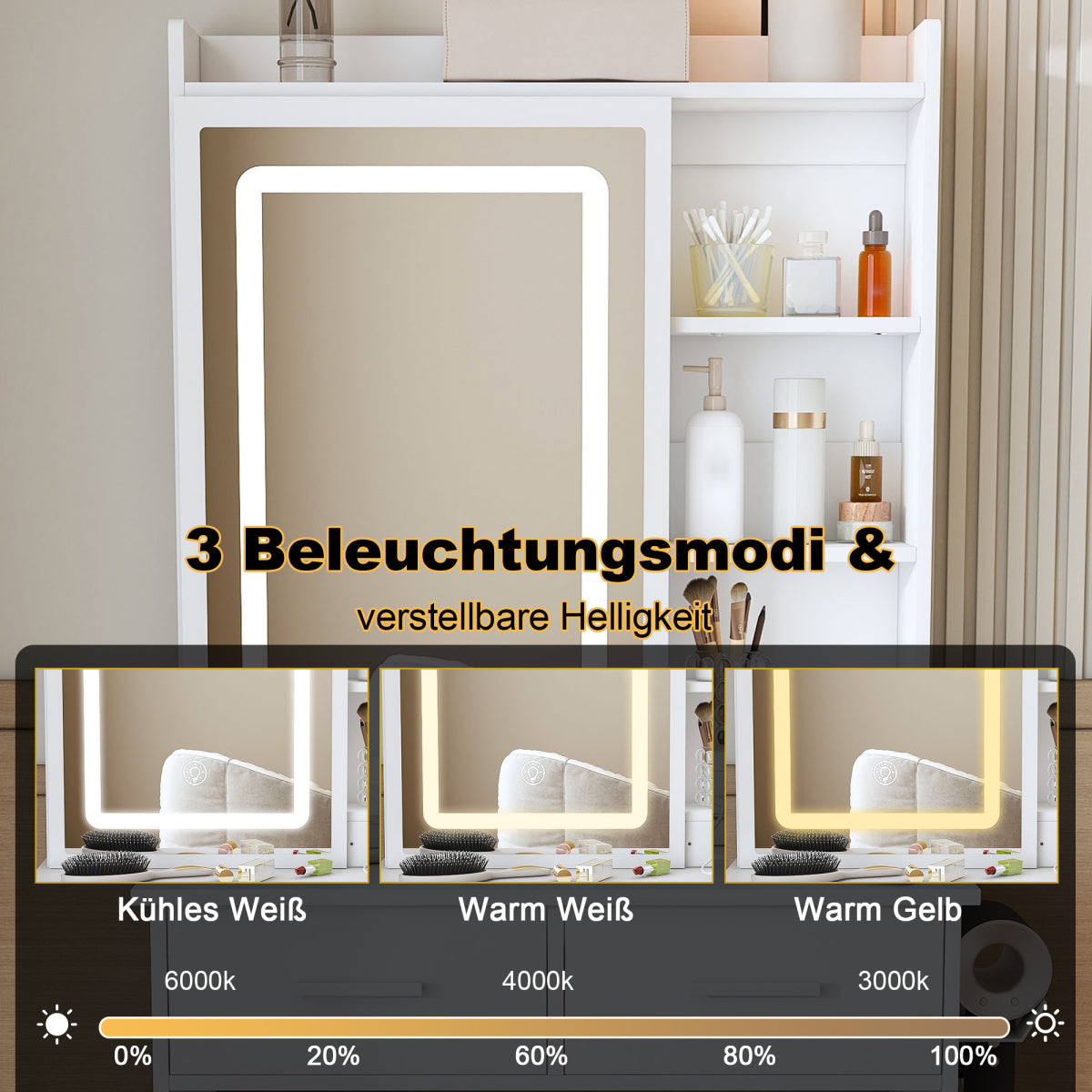 Kleiner Schminktisch LED, USB/Steckdose, 3 Lichtfarben, Hocker, Platzsparend