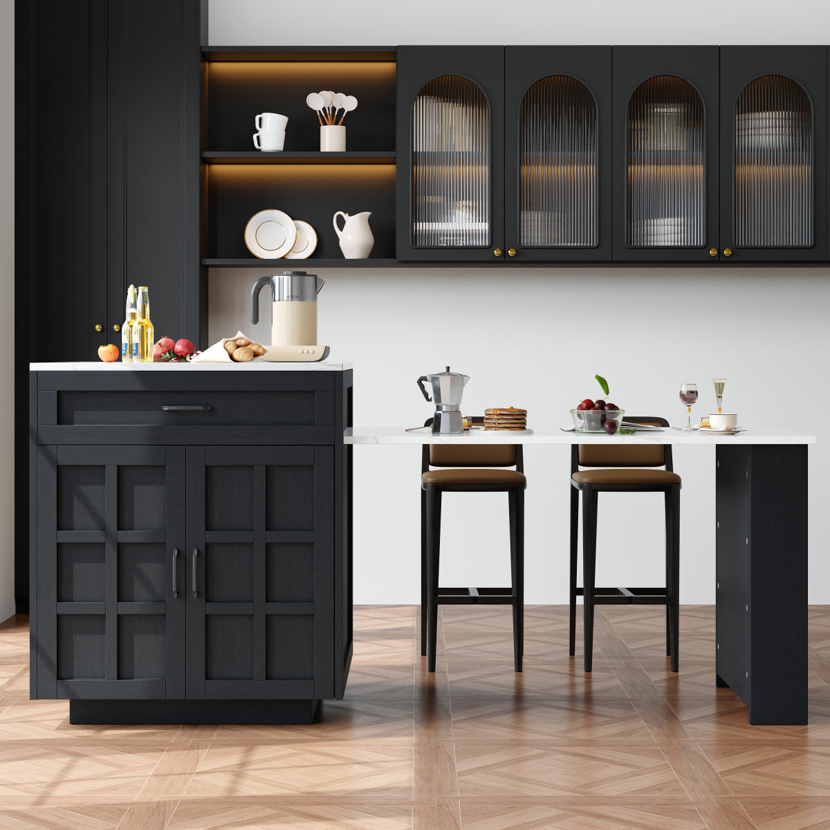 Bartisch ausziehbar 133-202cm, Kücheninsel mit Marmor-Optik & Stauraum, Esstisch für 2-6 Personen, Küchenwagen mit Schubladen & Regalen, Schwarz