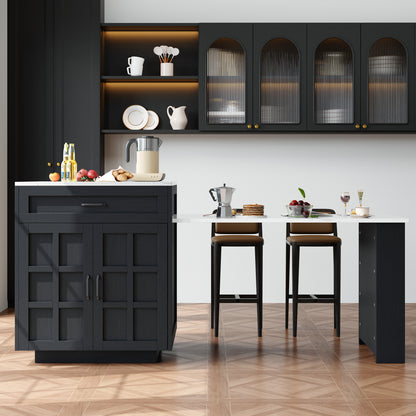 Bartisch ausziehbar 133-202cm, Kücheninsel mit Marmor-Optik & Stauraum, Esstisch für 2-6 Personen, Küchenwagen mit Schubladen & Regalen, Schwarz